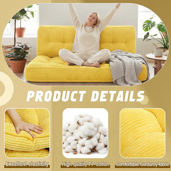 63 Inch Folding Bench Cushion 4 Inch Thick 2-in-1 Convertible Long Floor Lounger Boneless Cushions Couch Mattress Upholstered for Yoga Reading Sleeping Meditation Living Room(Yellow)