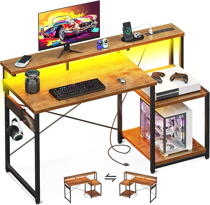 AODK Computer Desk 48 Inch Gaming Desk with Led Lights &amp Power Outlet Office Desk with Storage Shelves Reversible Desk with Monitor Shelf &amp Headphone Hook Rustic Brown