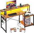 AODK Computer Desk 48 Inch Gaming Desk with Led Lights &amp Power Outlet Office Desk with Storage Shelves Reversible Desk with Monitor Shelf &amp Headphone Hook Rustic Brown