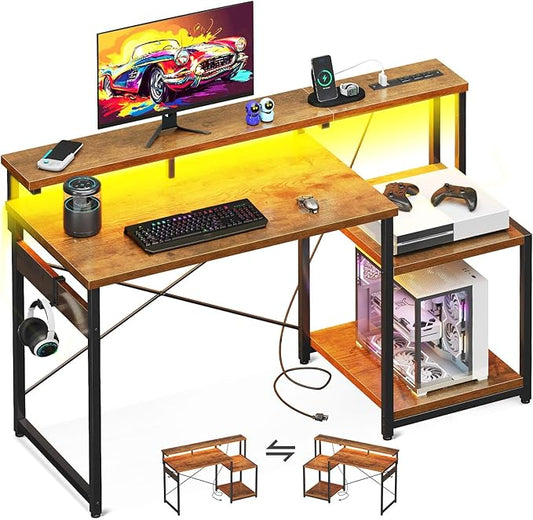 AODK Computer Desk 48 Inch Gaming Desk with Led Lights &amp Power Outlet Office Desk with Storage Shelves Reversible Desk with Monitor Shelf &amp Headphone Hook Rustic Brown
