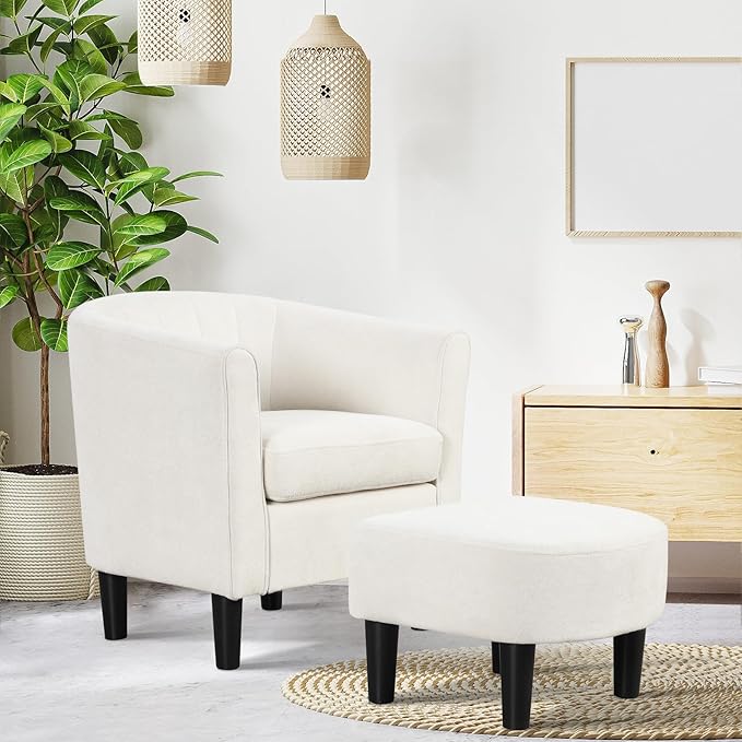 Giantex Modern Accent Chair with Ottoman Upholstered Teddy Velvet Barrel Club Chair w/Footrest Curved Backrest &amp Armrests Non-Slip Felt Pads Comfy Accent Arm Chair for Living Room Bedroom Be