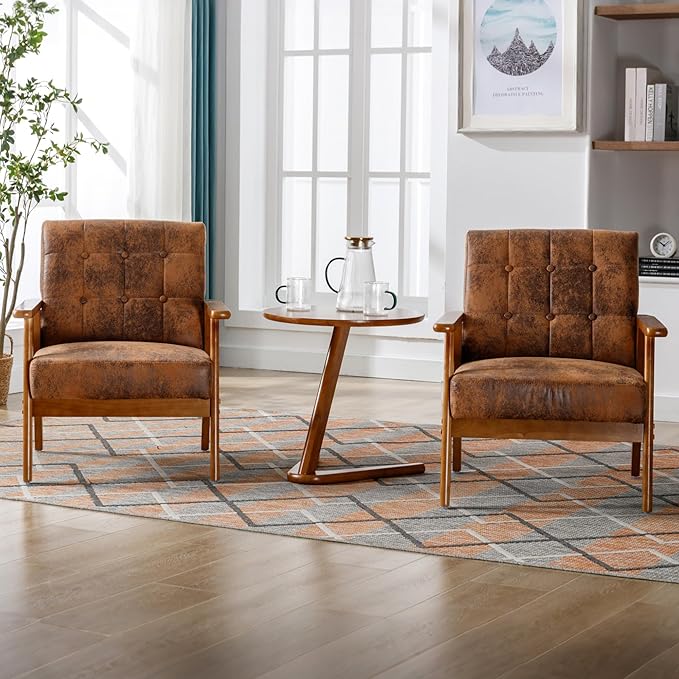PU Leather Accent Chair Set of 2 Mid-Century Modern Armchair with Solid Wood Armrests Button-Tufted Comfortable Cushioned Reading Chairs for Living Room Bedroom (Coffee