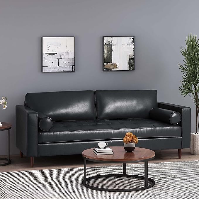 Merax Upholstered PU Sofa Classic 3 Seater Leather Couch with Wooden Legs for Living Room Bedroom Officee Black