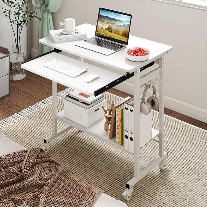 Giantex Rolling Computer Desk Mobile Portable Desk with Keyboard Tray &amp Wheels Laptop PC Table Cart with Shelf &amp Hooks Industrial Small Desk for Small Spaces Home Office Bedroom White