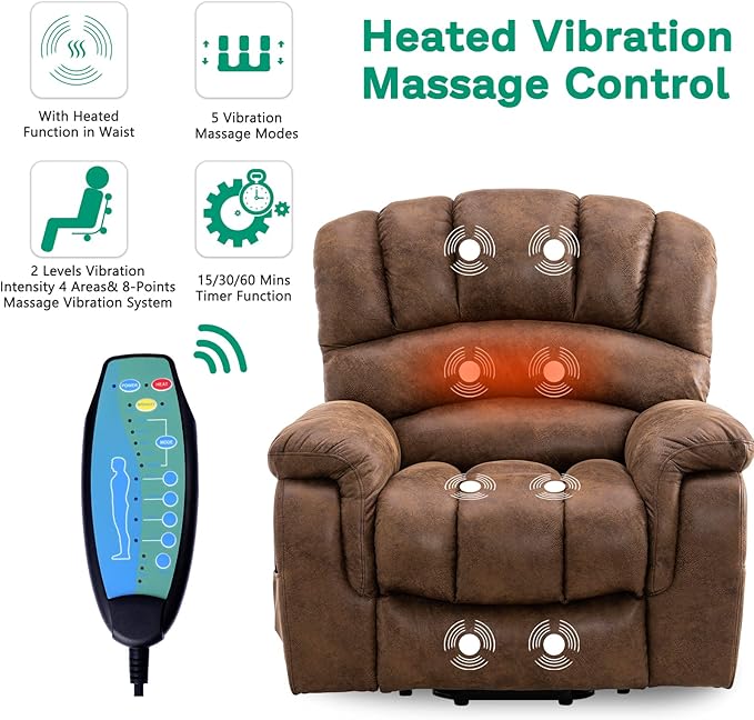 VIVIJASON Large Power Lift Chair Electric Recliner with Heat &amp Massage for Elderly Big People Heavy Duty and Safety Motion Wide Recliners with 2 Remote Controls Side Pockets &amp USB Ports Bro
