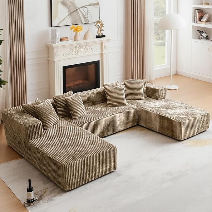 130'' U Shaped Couched for Living Room Cloud Modular Sectional Couch with 2 Chaise Lounge Modern Minimalist Upholstered Sofa Sleeper Deep Seat Corner Couch No Assembly Required Light Coffee