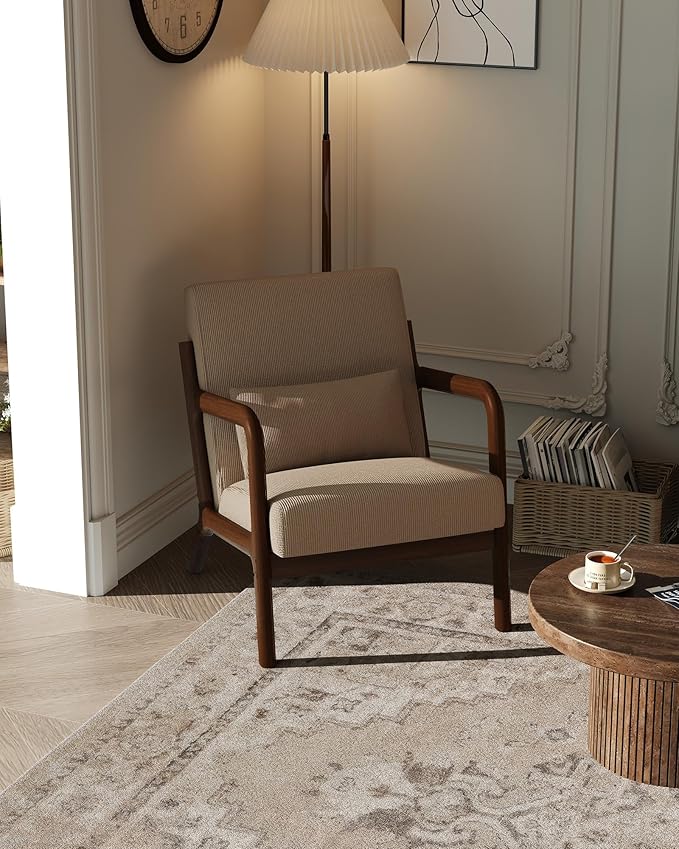 Garvee Mid-Century Modern Accent Chair Fine Wale Corduroy Upholstery Solid Wood Armchair with Removable Lumbar Pillow Sturdy Reading Chair for Living Room Bedroom Guest Room Easy Assembly Brown