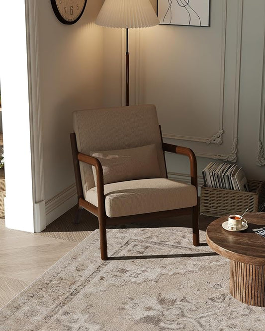 Garvee Mid-Century Modern Accent Chair Fine Wale Corduroy Upholstery Solid Wood Armchair with Removable Lumbar Pillow Sturdy Reading Chair for Living Room Bedroom Guest Room Easy Assembly Brown