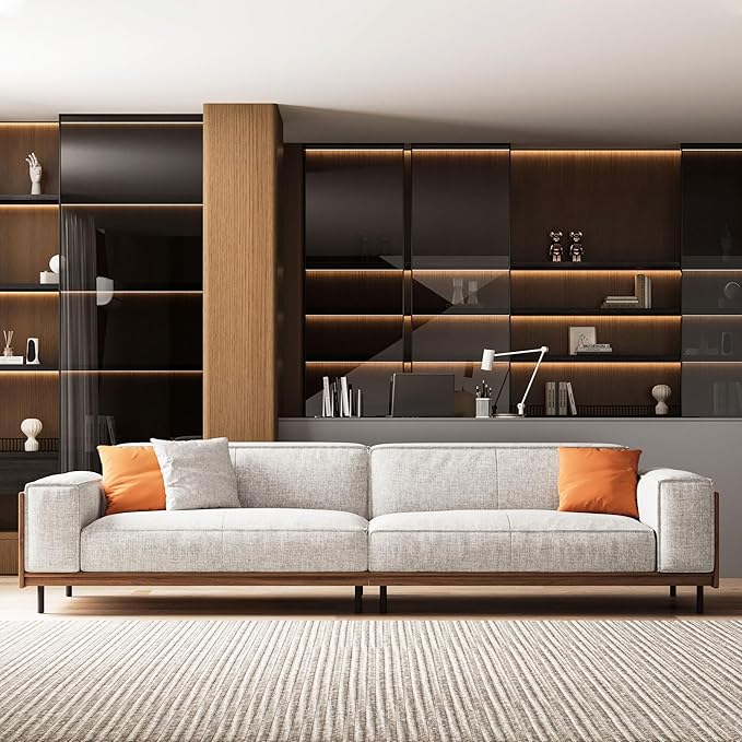 111.81 in. Four-seat Removable Washable Cotton-Linen Fabric mid-Century Modern Sofa Square arms with Throw Pillows.
