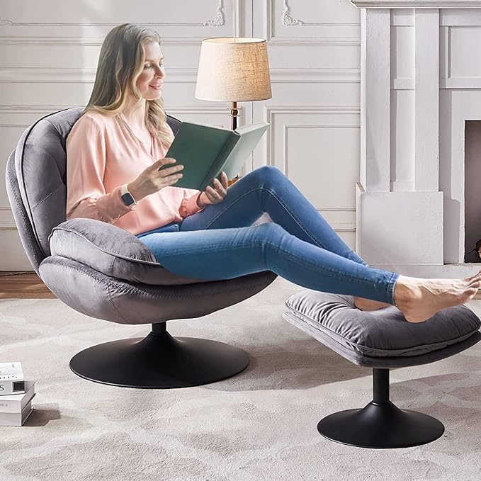 Swivel Accent Chair with Ottoman Set Velvet Modern Lounge Armchair with Metal Base Frame &amp Footrest Comfy Lazy Single Leisure Chair with 360 Swiveling for Living Room/Bedroom/Grey