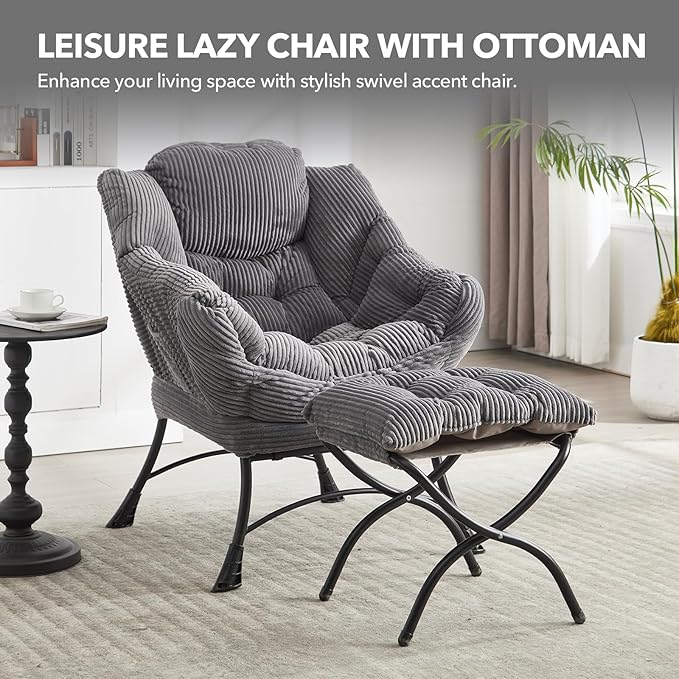NIOIIKIT Leisure Lazy Chair with Ottoman Corduroy Upholstered Lounge Armchair with Side Pocket Comfy Reading Chair Lazy Sofa Chair for Living Room Bedroom Office (Grey)