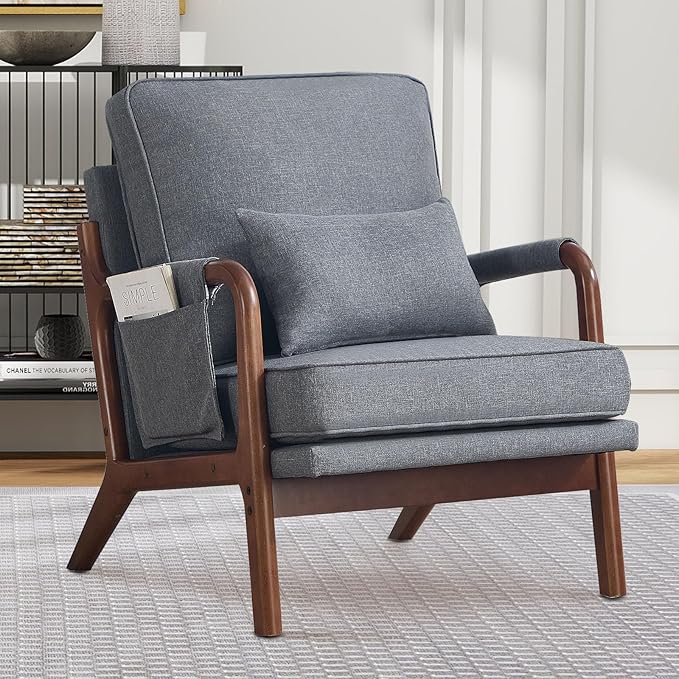 ANJ Mid Century Modern Accent Chair Lounge Reading Armchair with Extra Side Pocket &amp Detachable Cushion Comfy Fabric Accent Chairs for Living Room BedroomGrey