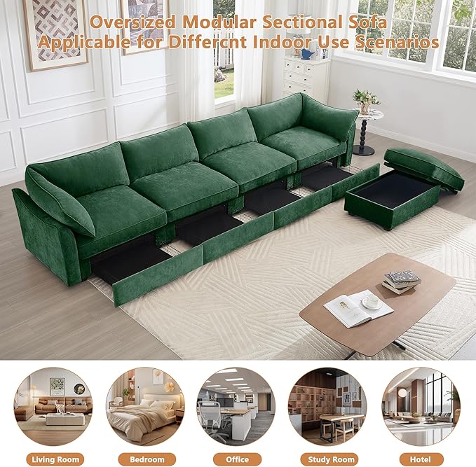 Modular Sectional Sofa with Pull Out Storage Drawers 146.4 L-Shaped Comfy Chenille 4-Seat Sofa with Storage Ottoman Upholstered Deep Seat Couch with 2 Armrest Pillows for Living Room Green