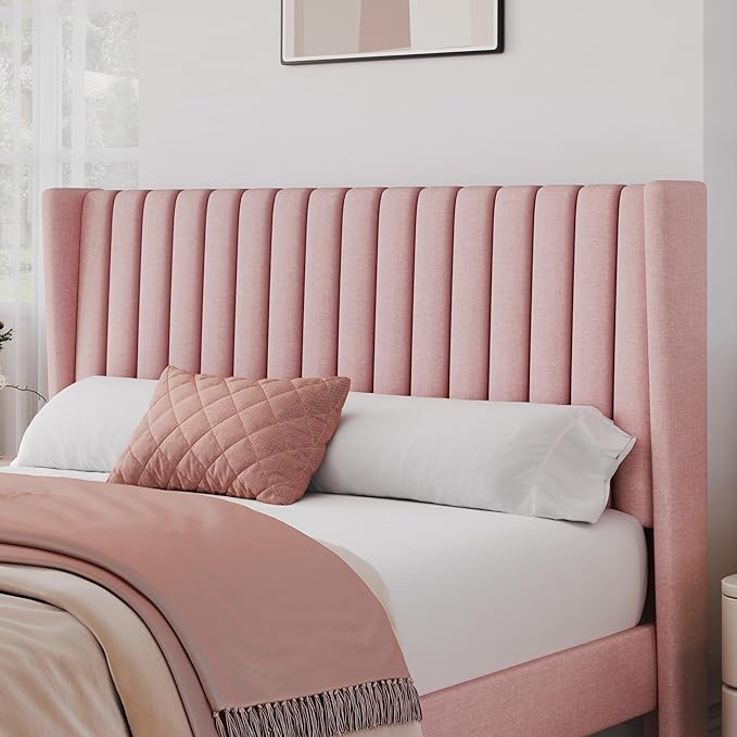 Yaheetech Queen Bed Frame Upholstered Platform Bed with Fabric Headboard Wing Edge Design/Non-Slip and Noise-Free/Wooden Slats Support/No Box Spring Needed/Easy Assembly Pink Queen Bed