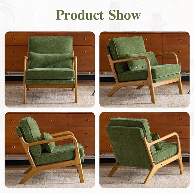 Karl home Mid Century Modern Accent Chair with Lumbar Pillow &amp Oak Arms – Plush Chenille Living Room Chair for Bedroom Lounge (Olive Green)