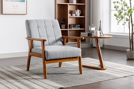 Leisure Chair with Solid Wood Armrest and Feet Mid-Century Modern Accent Chair for Living Room Bedroom Studio Chair