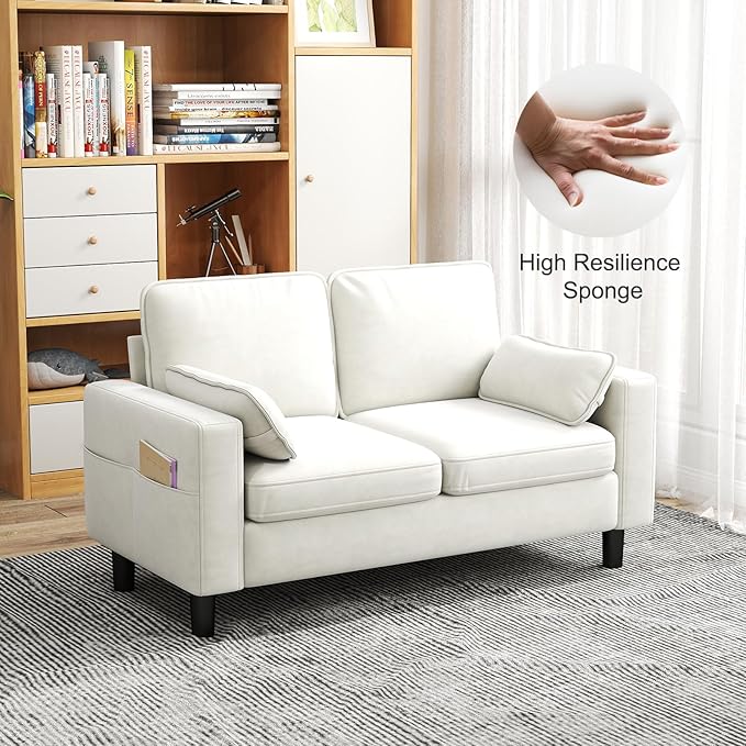 KINTNESS 56” Modern Loveseat Sofa 2-Seater Sofa Couch with Deep Seat &amp Armrest Pillow Sectional Sofa Loveseat for Bedroom Living Room Removable Covers Ergonomic Height Non-Slip Off-White
