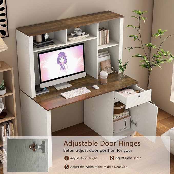 Computer Desk with Hutch BookshelfWood Executive Desk Teens Student Desk Writing Laptop Home Office Desk with Drawers3 AC Outlets and 2 USB Charging PortsStudy Laptop Table for Home
