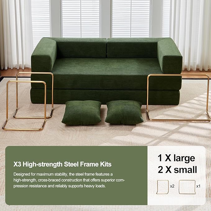 79 Boneless Sofa Bed 5-in-1 No-Assembly Convertible Sleeper Couch with Fixed Frame Armrests Modular Corduroy Futon Compressed in a Box for Space Saving (Green Includes 2 Pillows)