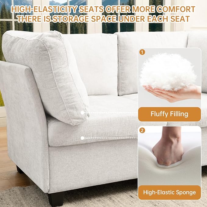 Modern Sofa Modular sectional Cloud Couch with 2 Ottomans 6-seat Chenille deep-seat with Storage and 6 Pillows for Living Rooms bedrooms and Apartments (Beige 2Seater)