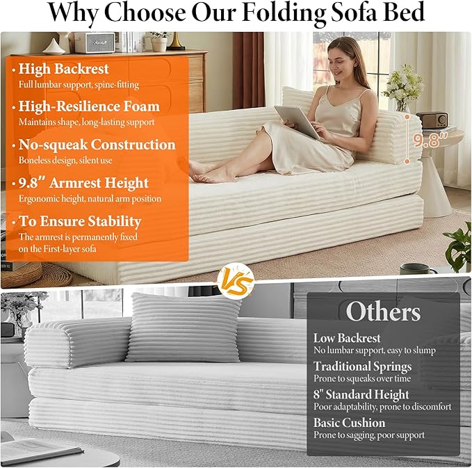 78 Inch Convertible Futon Sofa BedFolding Boneless Couch with Sleeper SofaFold Out Floor Sofa Couch with Deep SeatCloud Corduroy Foldable Mattress Couches for Living Room(Off White)