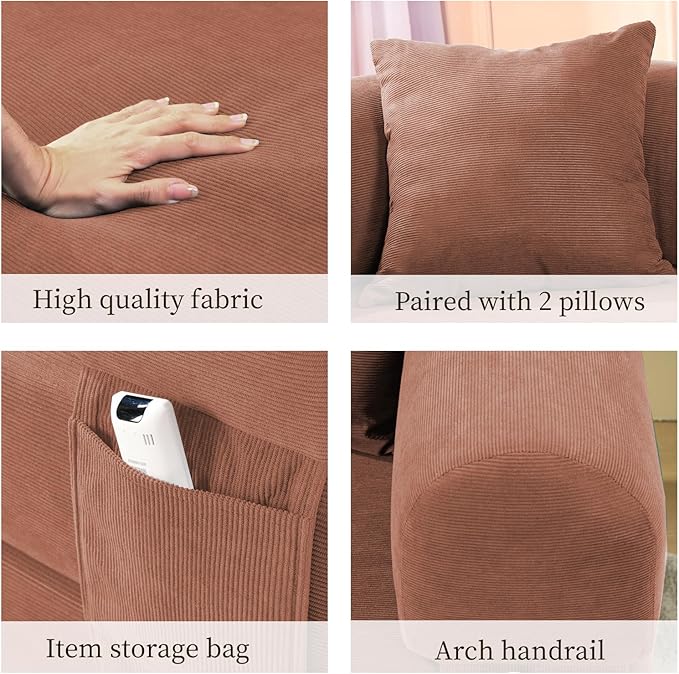 KBQ 3-Seat Convertible Sleeper Sofa Bed with 2 Pillows Corduroy Folding Mattress Couch Floor Sofa Lounge Couch for Living Room Bedroom Lounge Studio Pink
