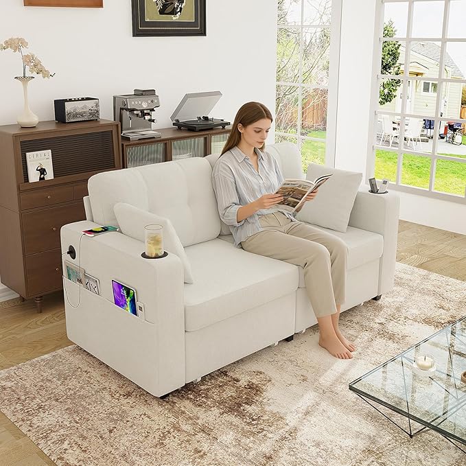 67 Small Loveseat Couch with Storage USB Charging and Cup Holder Space Saving Furniture Modern Chenille Love Seat Sofa Small Couches for Small Spaces Bedroom Apartment Beige