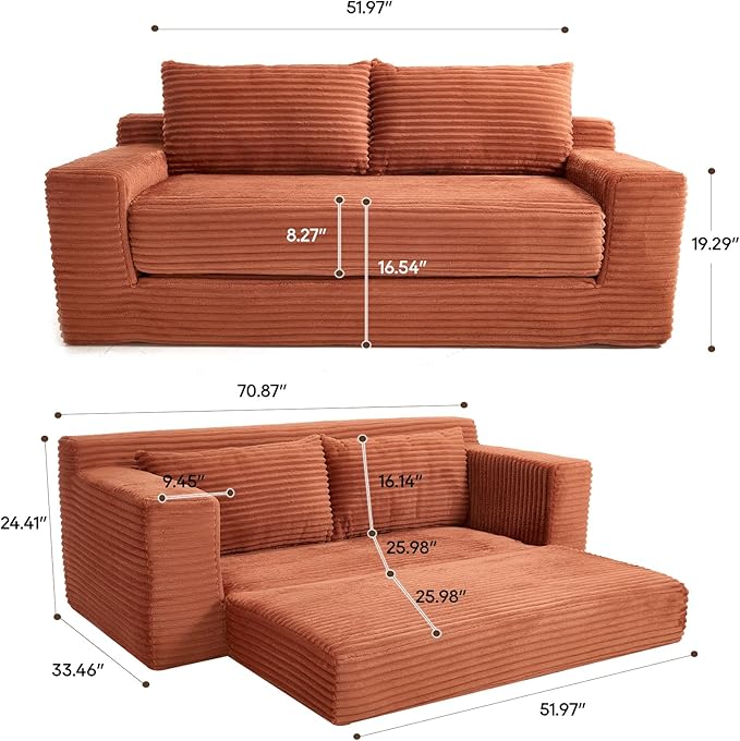 Boneless Couch 2 in 1 Convertible71 Corduroy Cloud Loveseat SofaMemory Foam Couch in a BoxNo Assembly Small Sofa for Living RoomApartments Home OfficeBedroom-Orange
