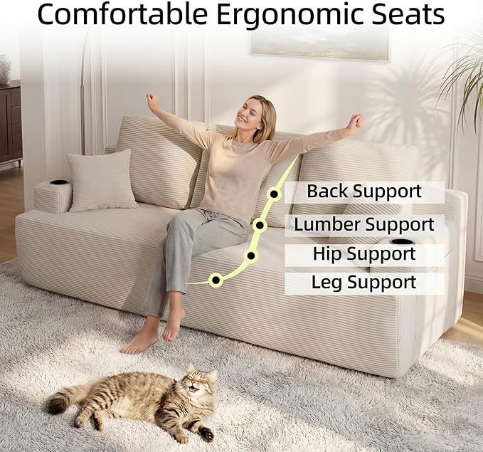 87 Modern 3-Seater loveseat Sofa Comfy Deep Seat Boneless Couch with Plush Corduroy Fabric Built-in Cup Holders &amp Side Storage Pockets for Living Room Bedroom and Apartment