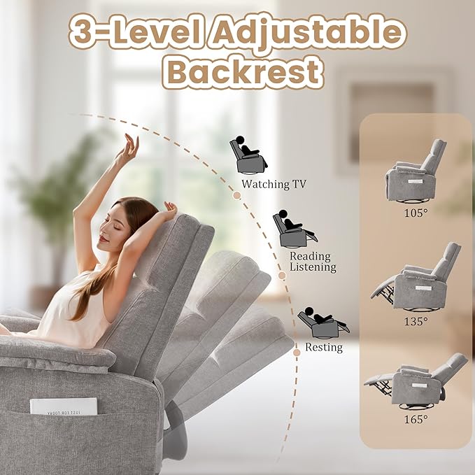 Recliner Chair Swivel Rocking Recliner Chair for Adults Glider Rocking Chair Small Nursery Chair Recliner for Living Room Reclining Chair with Modern-Designed Armrests Chenille Grey