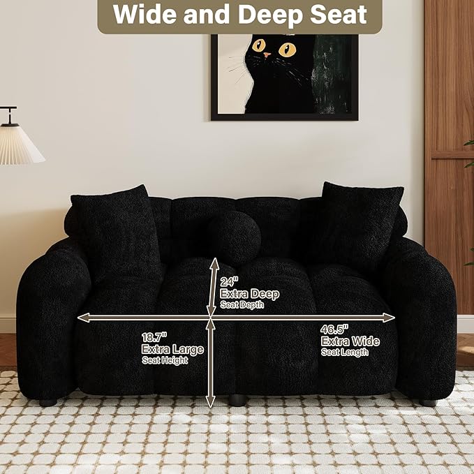 Boucle Sofa Couch 64.7 Modern Tufted Upholstered Teddy 2 Seater Loveseat Sofa with 3 Pillows Comfy Sherpa Deep Seat Cloud Couch Small Love Seat for Living Room Apartment Black