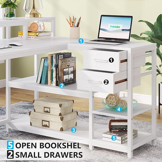 Tribesigns 55-inches Reversible L Shaped Desk with Drawer Modern White L Corner Desk Home Office Table with Storage Shelves and Monitor Stand Wooden and Metal PC Desk for Small Space