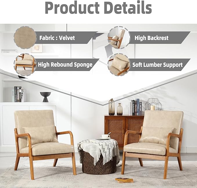 Modern Accent Chair Solid Wood Padding Lounge Armchairs with One Pillow for Living Room Bedroom Guest Room (Khaki PU)