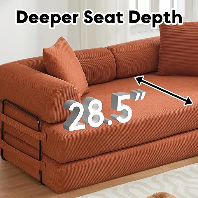 Convertible Sleeper Sofa Bed with Cylindrical Pillow Corduroy Folding Mattress Couch with Fixed-Shape Frame Floor Sofa Lounge Couch for Living Room Bedroom Lounge Studio Orange