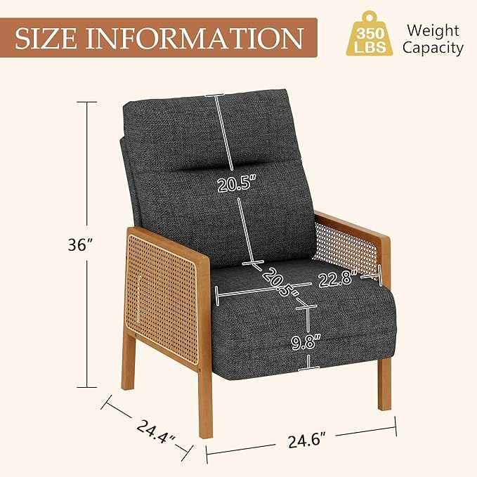 Andeworld Grey Accent Chairs Set of 2Upholstered Modern Living Room Chairs with Natural Rattan Arm Side Chair for Bedroom Club Balcony Reception Room