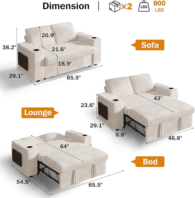 Vipbear 65 Loveseat Sleeper Sofa with Pull Out Bed Plush Corduroy 3-in-1 Convertible Sofa Bed with Reclining Backrest|USB Ports|Cup Holders|Side Table|Storage Armrests Tool Free Assembly Beige