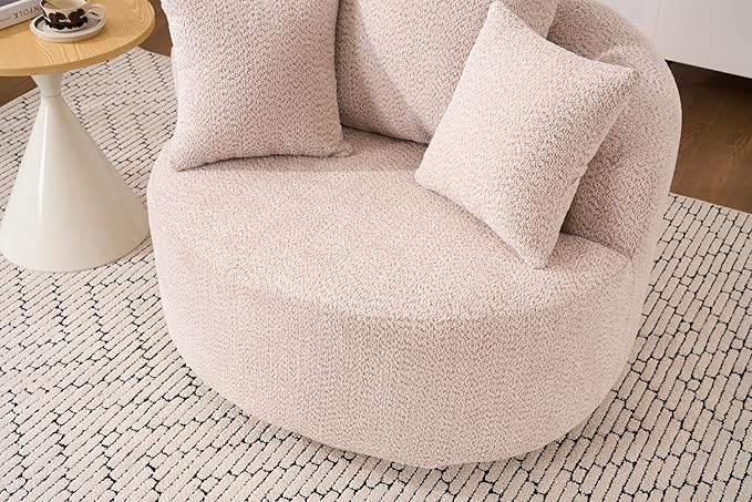 40” Beige Round Swivel Chair with 3 Pillows &amp Thick Cushion Oversized 360° Swivel Accent Chair Modern Boucle Armchair for Nursery Living Room Bedroom Club