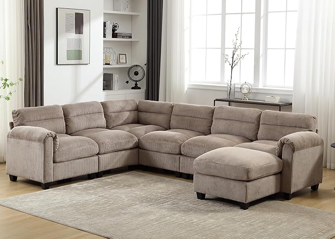 CANMOV Modular Sectional Couches with Ottoman Convertible U Shaped Sofa 7 Seat Sofa Couch with Chaise for Living Room Corduroy Couch Brown