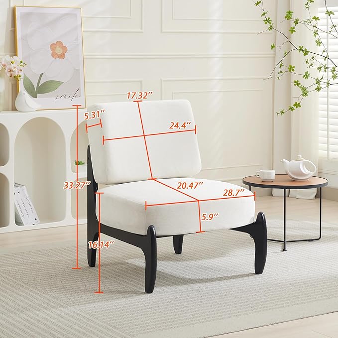 Qulomvs Modern Accent Chair Mid Century Accent Chair with Wooden Frame Upholstered Comfy Reading Chair Armless Side Sofa Chair for Living Room Bedroom (White Fabric)
