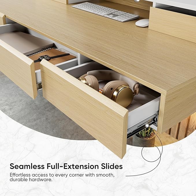 ErGear Electric Standing Desk with 5 Solid Wood Drawers 48 x 26 Inches Whole Piece Desktop with Desktop Riser Stand Compatible with C-Clamp Monitor Arms Modern Office Desk Light Walnut
