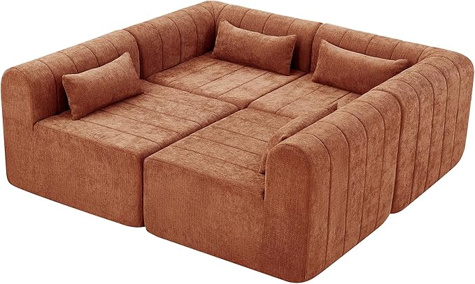 Merax 145.5 Inch Modular Full-Compressed Sectional Sofa Polyester Upholstered Modular Sofa with 4 Pieces Compressed Sponge Modular Couch for Living Room No Assembly Required Orange