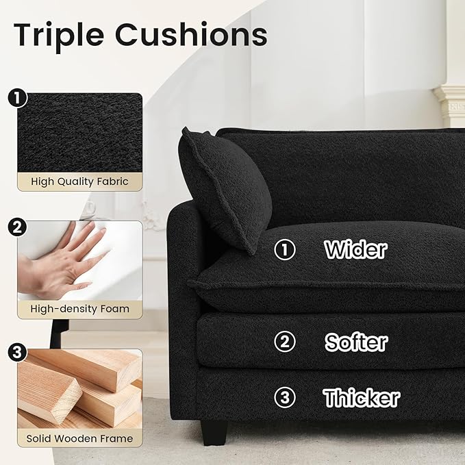 ROWHY Convertible Sectional Couch with Ottoman Single Armchair with armrests Modern Living Room Furniture Set Small Couches for Small Spaces for Living Room Chenille Black