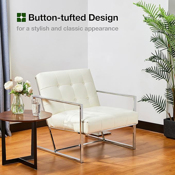 Glitzhome Mid Century Modern Accent Chairs Set of 2 Modern Living Room Chairs with Durable Metal FramePU Leather Cushioned Reading Armchairs for Living Room Bedroom Home Office Off White