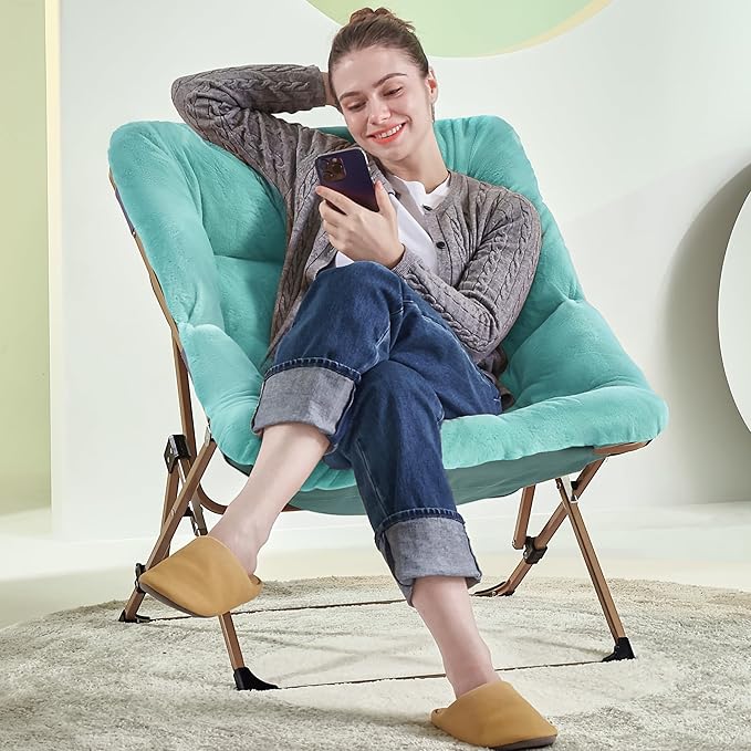 Walsham Folding Comfy Chair Faux Fur Soft Cozy Lounge Reading Papasan Chair for Adults Kids Bedroom Living Room Dorms Small Space Green