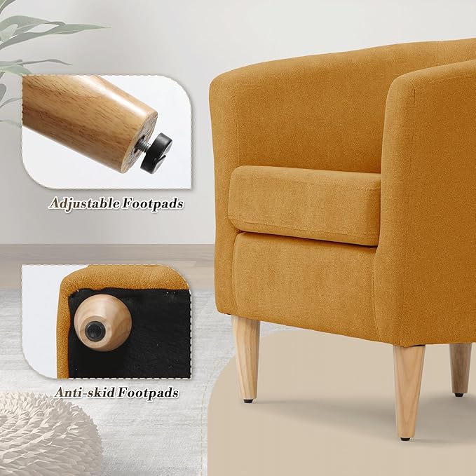 Athena Collection Modern Accent Chair with Ottoman Linen Barrel Sofa Chair Comfy Upholstered Armchair Reading Chair with Thickened Seat Cushion for Bedroom Living Room Yellow