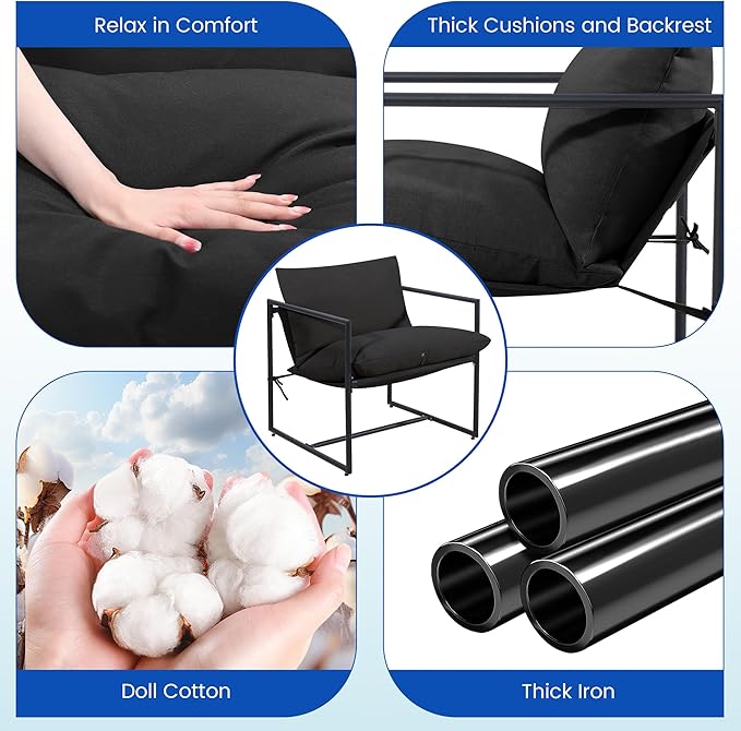 Kromax Sling Accent Chair Set of 2 Cozy Living Room Chairs Square Metal Frame Upholstered Soft Cushion Sponge 28 x28“x32 Easy Assembly Black