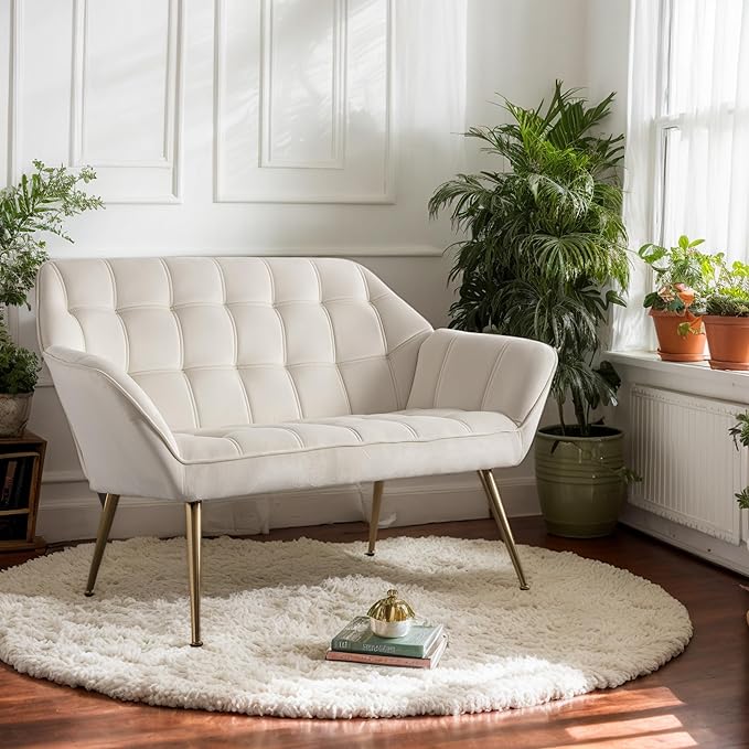 Small Loveseat Sofa 48 inch Velvet Love Seat for Living Room Comfy Mini Couch with Gold Legs for Small Spaces Bedroom Apartment Office Cream