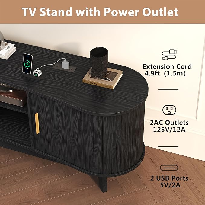 Mid Century Modern TV Stand for 65 Inch TVs Fluted TV Stands with Open Shelves and Sliding Door Media Cabinet with Power Outlet Entertainment Center with Storage for Living Room Black