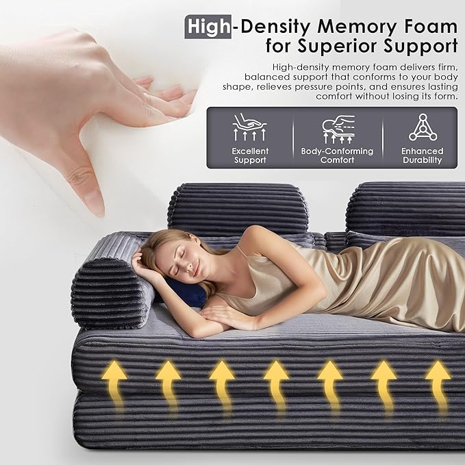 Convertible Sleeper Sofa Bed 78.5 Corduroy Foldable Loveseat Sleeper Sofa Queen to King Size Boneless Couch Bed for Living Room | No Assembly Required | Compression Sofa Dark Gray