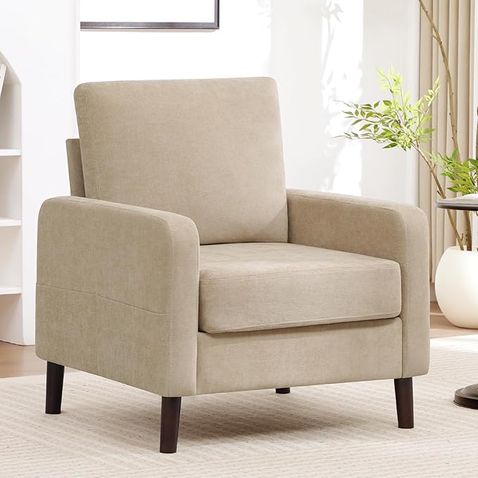 Accent Chair for Living Room Modern Reading Chair for Bedroom Upholstered Armchair with Wood Legs and Side Pockets Single Sofa Side Chair for Office Small Room Apartment Light Brown